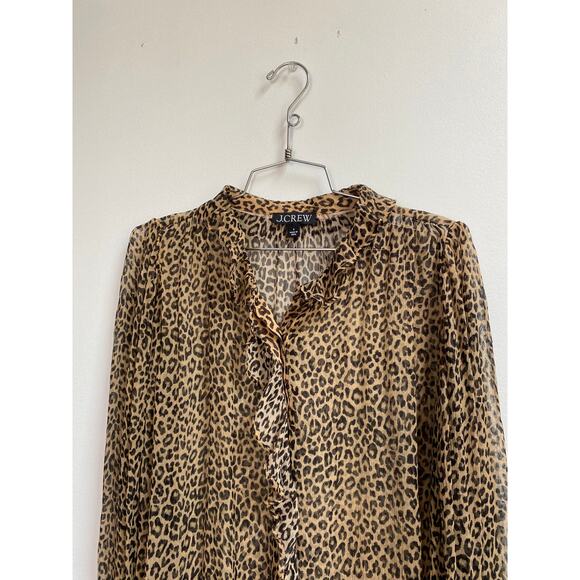 J.Crew Ruffle Button Up Shirt in Leopard Print Crinkle Chiffon - Picture 3 of 6